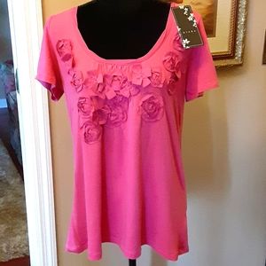 Kiara fuchsia cap sleeve top with ribbon flowers scallops at neckline Large New…